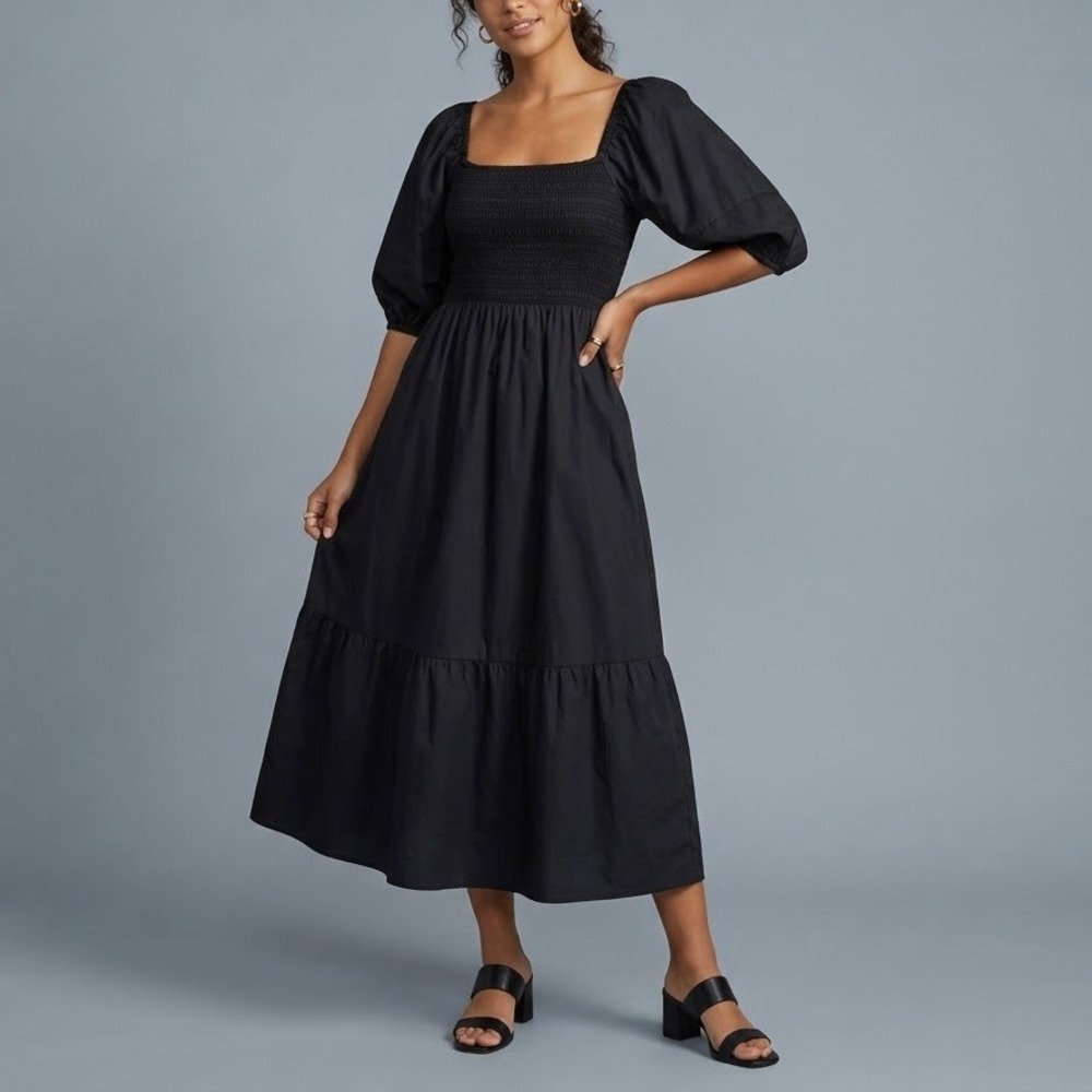 La Ligne Daisy Poplin Cotton Smocked Midi Dress Black Puff Sleeve Tiered Medium